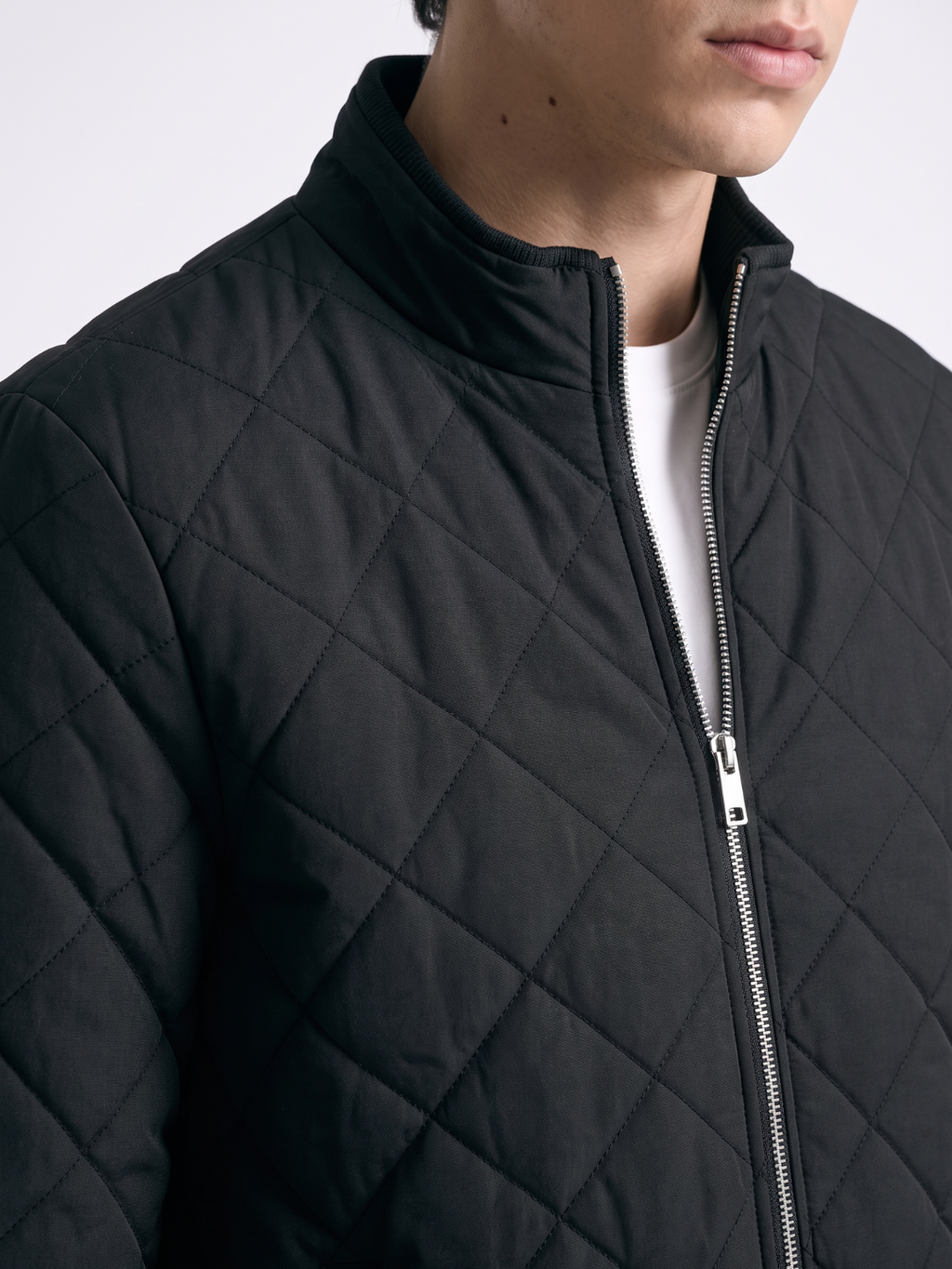 Diamond Quilted Stand Collar Black Jacket
