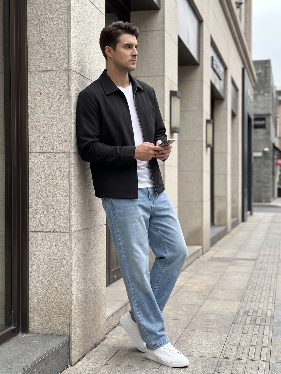 Snap Cuff Point Collar Black Bomber Jacket