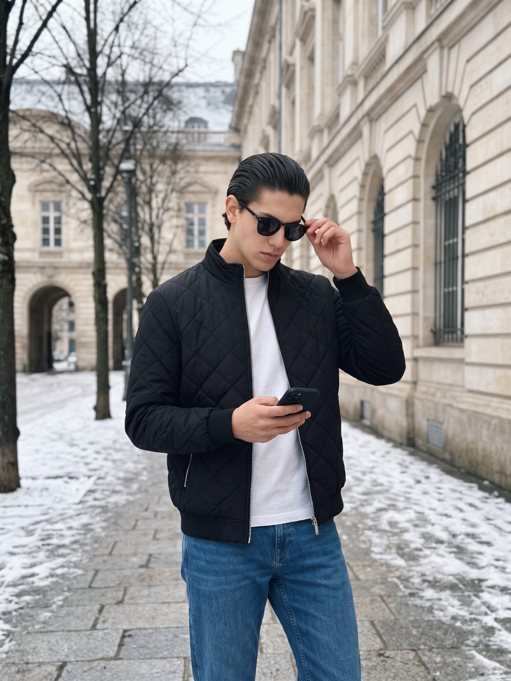 Diamond Quilted Stand Collar Black Jacket