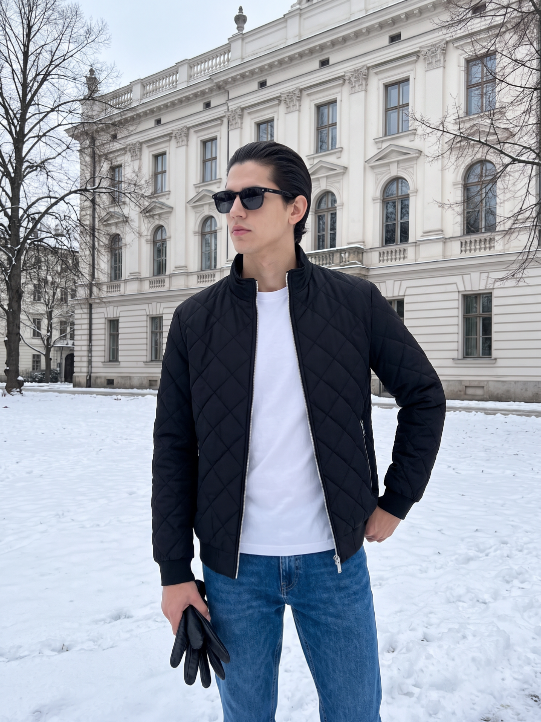 Diamond Quilted Stand Collar Black Jacket