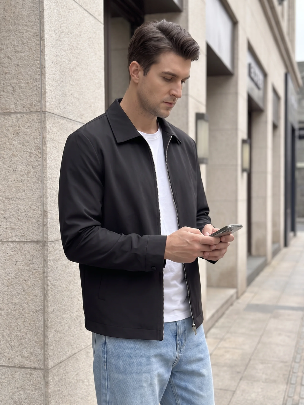 Snap Cuff Point Collar Black Bomber Jacket