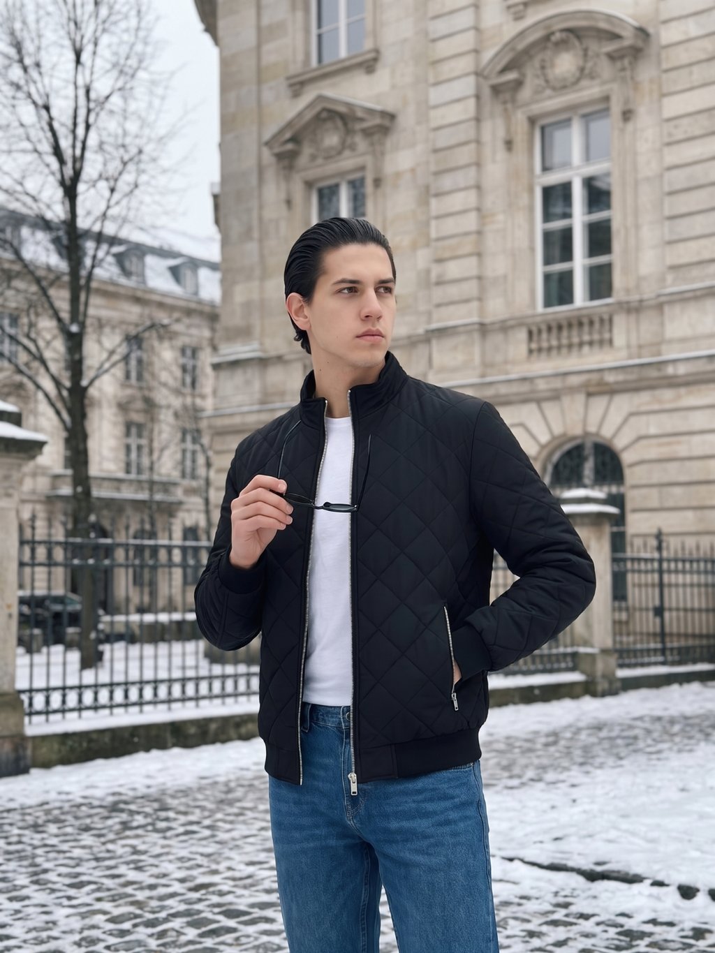 Diamond Quilted Stand Collar Black Jacket