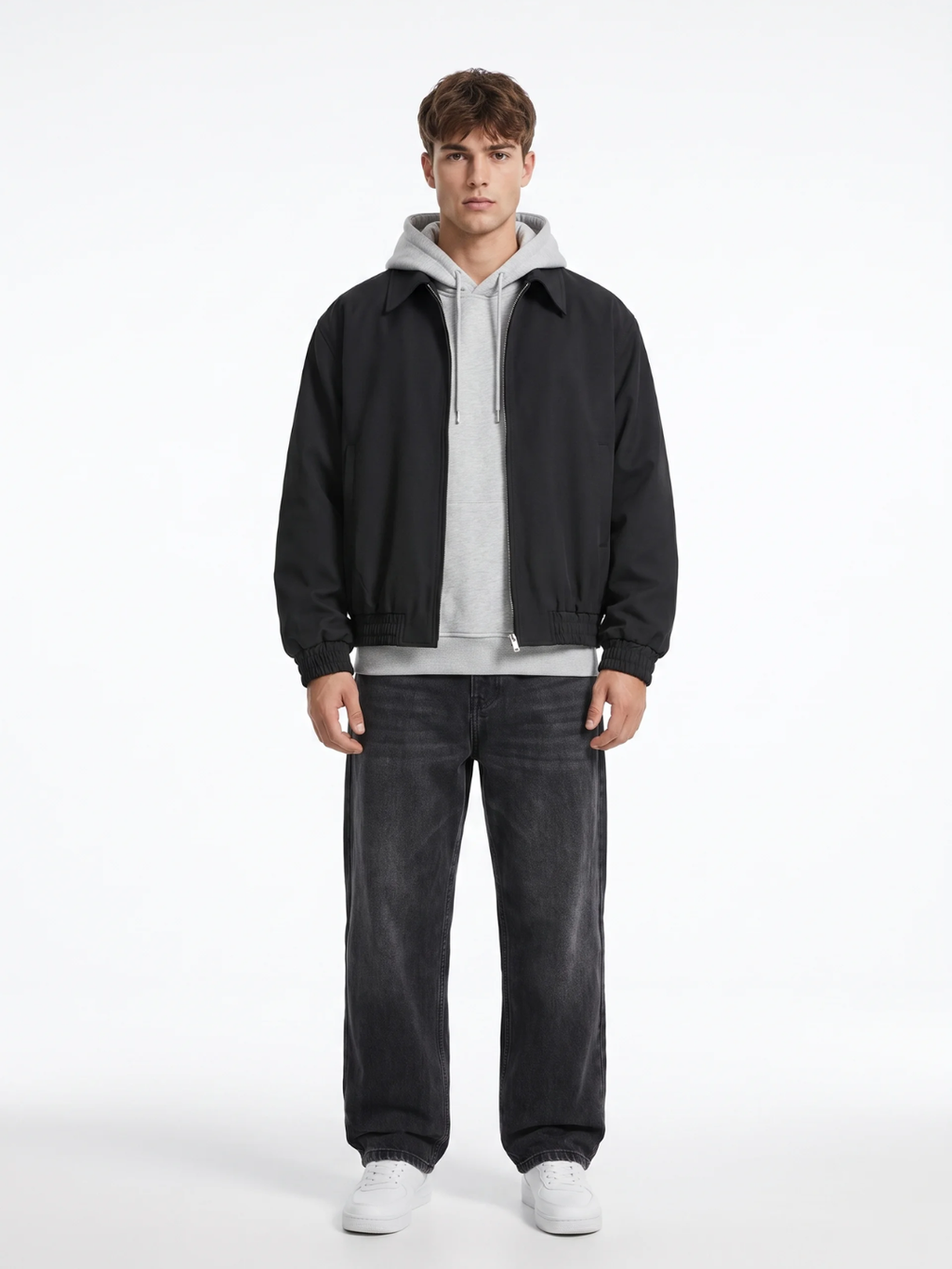 Ribbed Cuff Point Collar Black Bomber Jacket