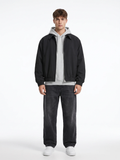 Ribbed Cuff Point Collar Black Bomber Jacket
