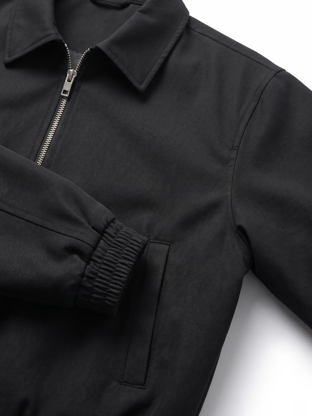 Ribbed Cuff Point Collar Black Bomber Jacket