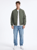 Ribbed Trim Olive Nylon Bomber Jacket