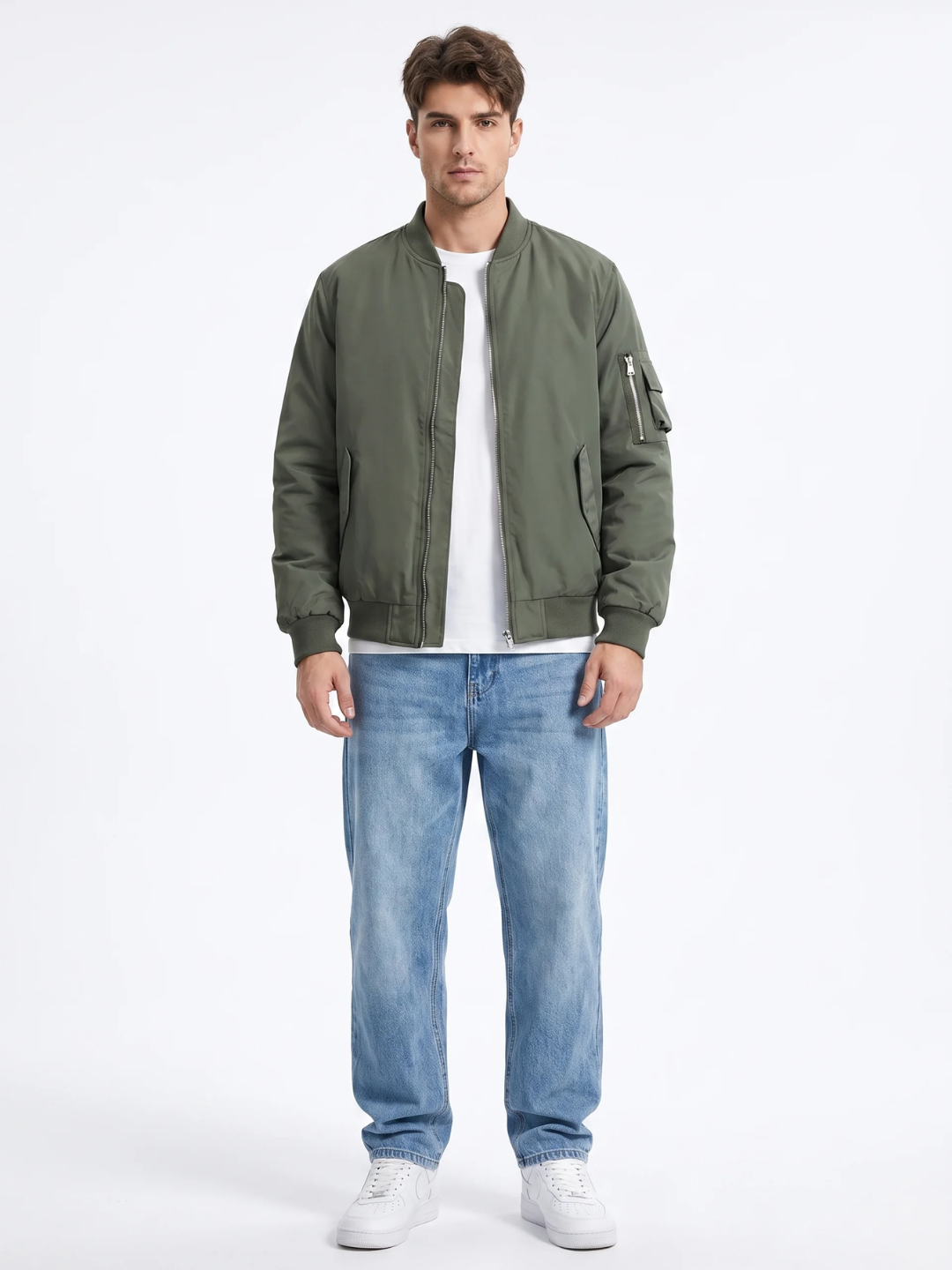 Ribbed Trim Olive Nylon Bomber Jacket