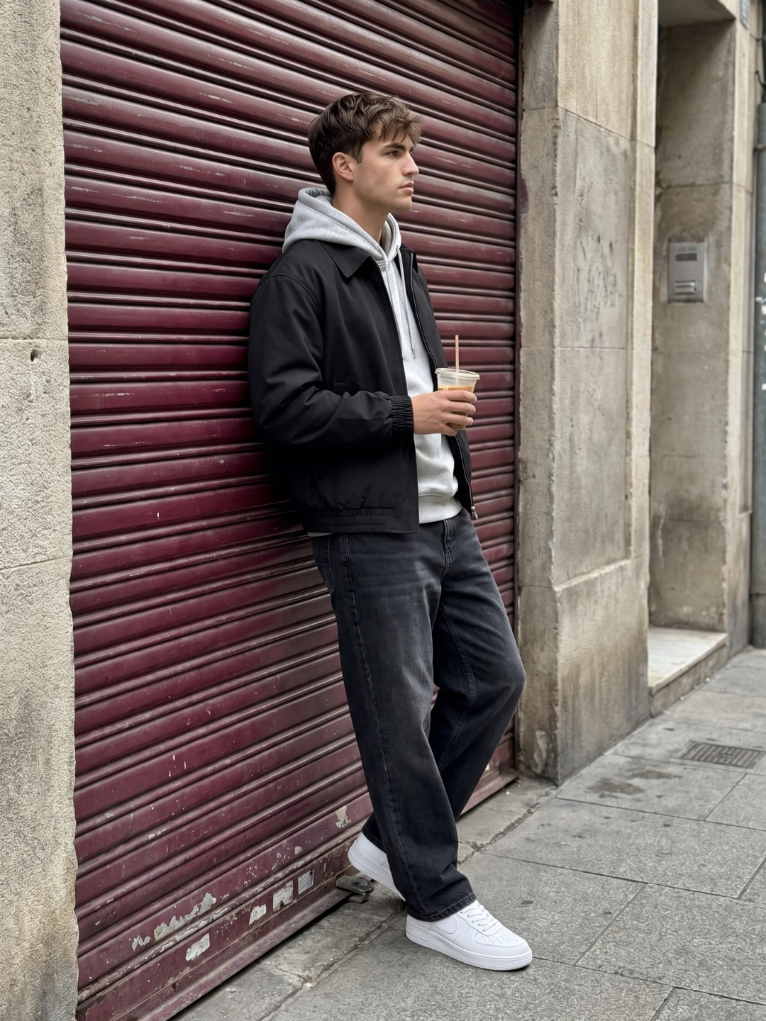 Ribbed Cuff Point Collar Black Bomber Jacket