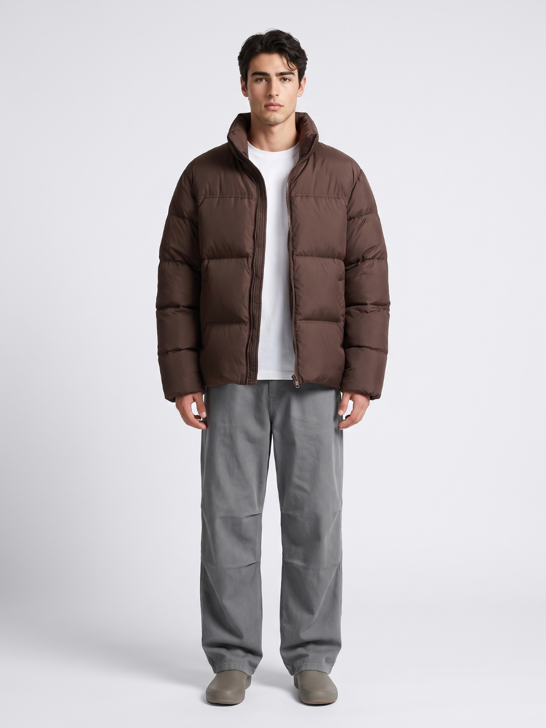 Wide-Baffle Chocolate Brown Puffer Jacket