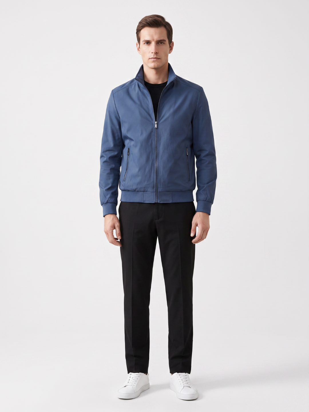 Stand Collar Zip Pocket Slate Blue Leather Jacket