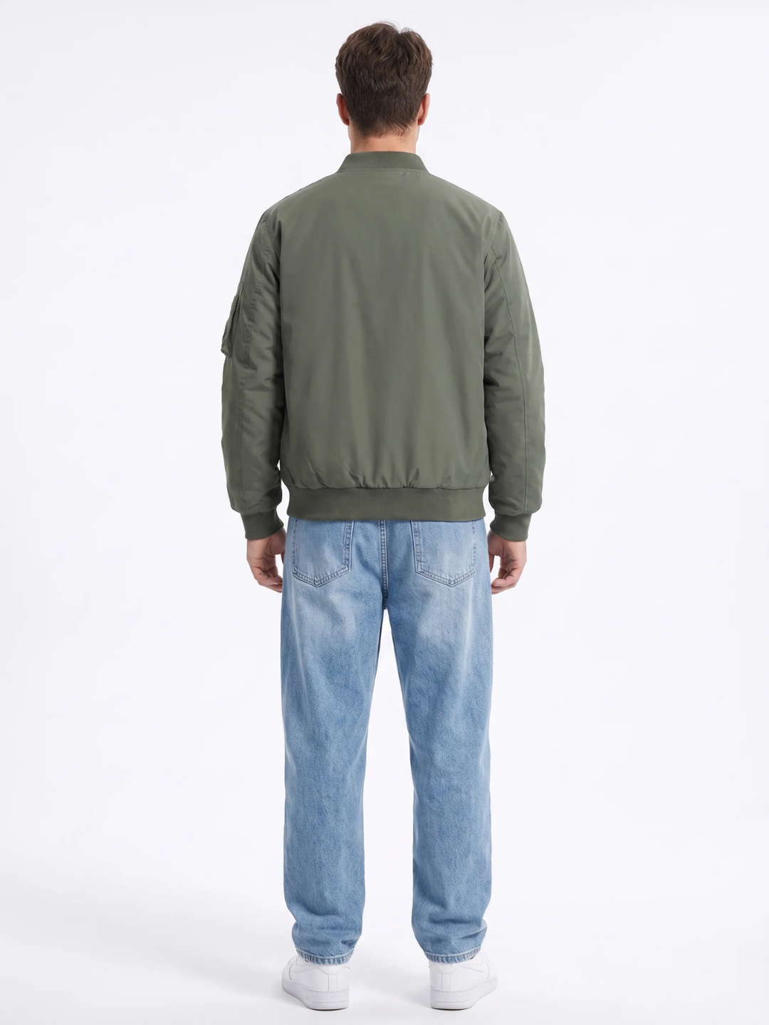 Ribbed Trim Olive Nylon Bomber Jacket
