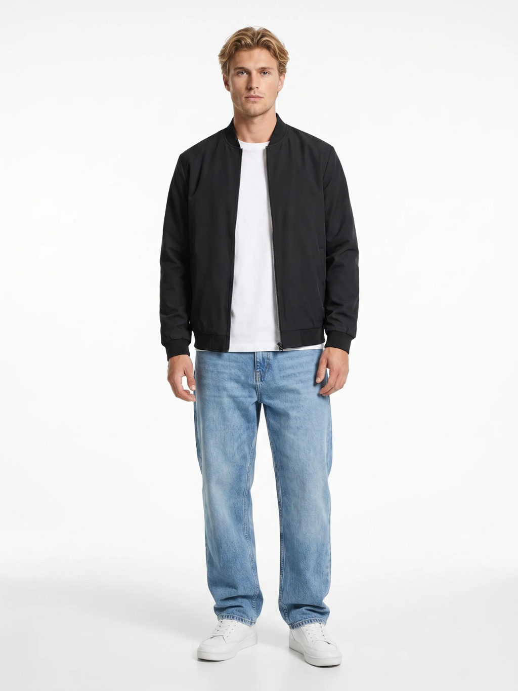 Sleek Ribbed-Trim Black Bomber Jacket