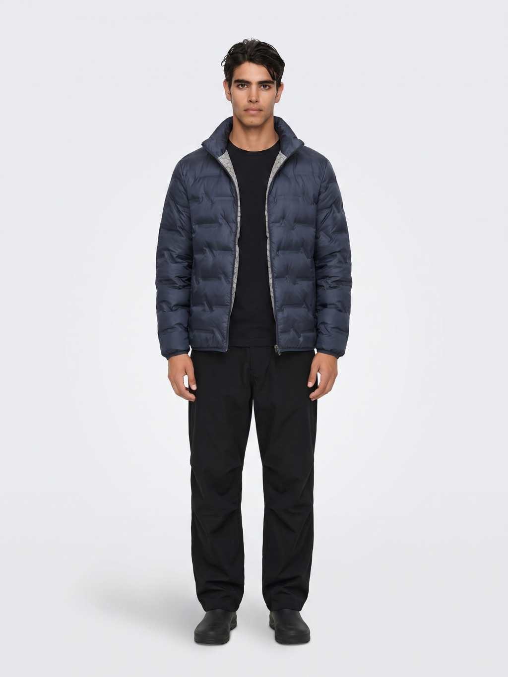 Chevron-Quilted Navy Puffer with Contrast Lining