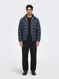 Chevron-Quilted Navy Puffer with Contrast Lining