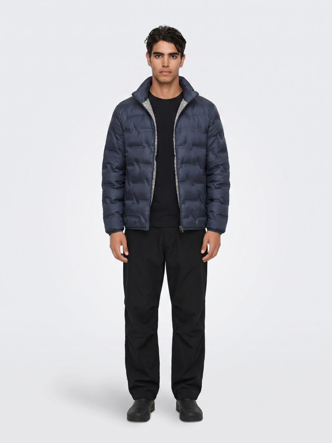 Chevron-Quilted Navy Puffer with Contrast Lining