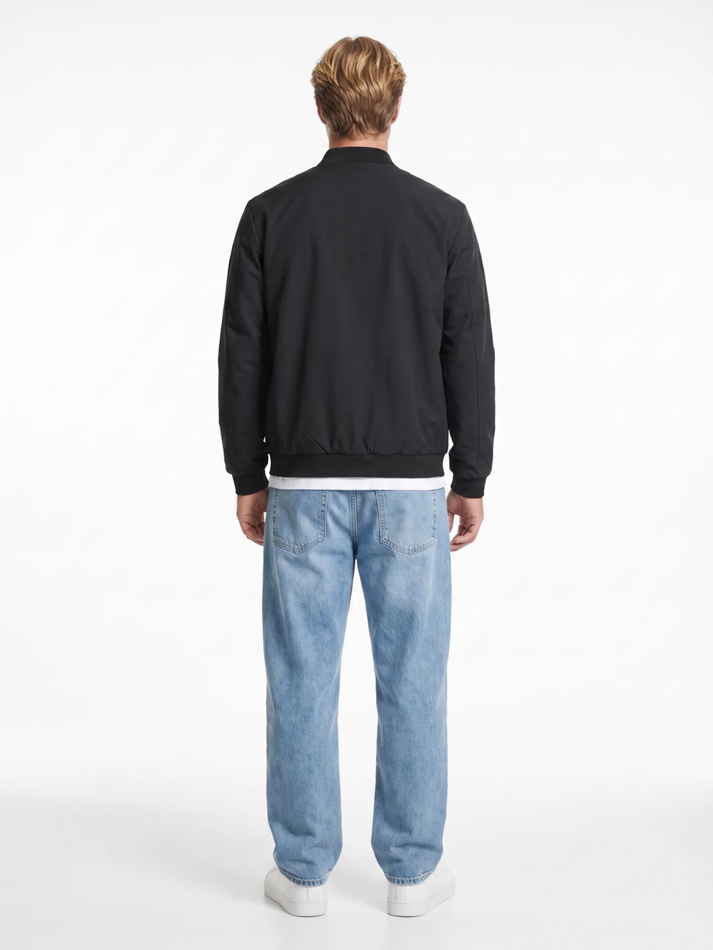Sleek Ribbed-Trim Black Bomber Jacket