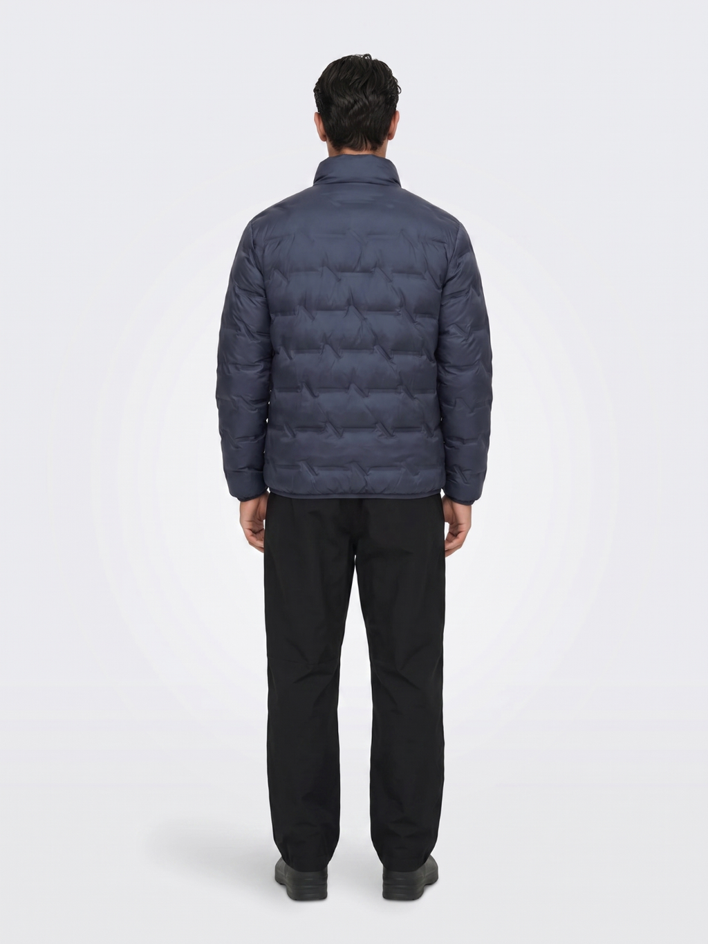Chevron-Quilted Navy Puffer with Contrast Lining