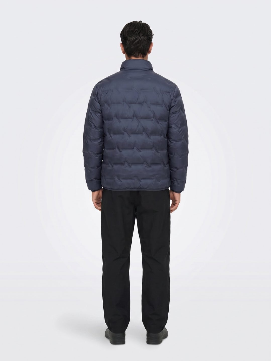 Chevron-Quilted Navy Puffer with Contrast Lining
