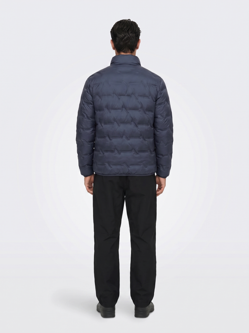 Chevron-Quilted Navy Puffer with Contrast Lining