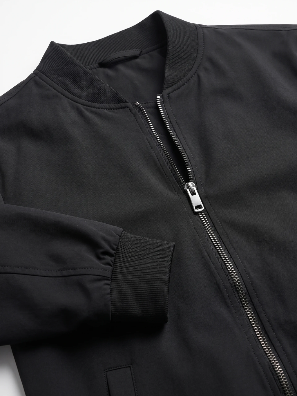Sleek Ribbed-Trim Black Bomber Jacket