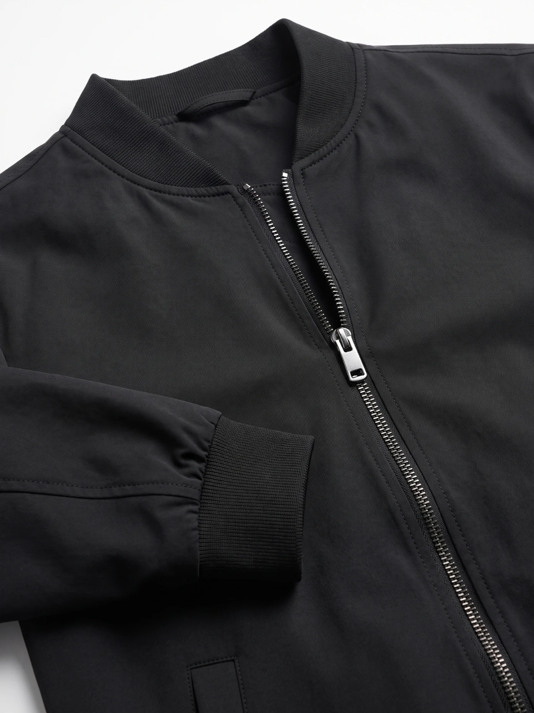 Sleek Ribbed-Trim Black Bomber Jacket