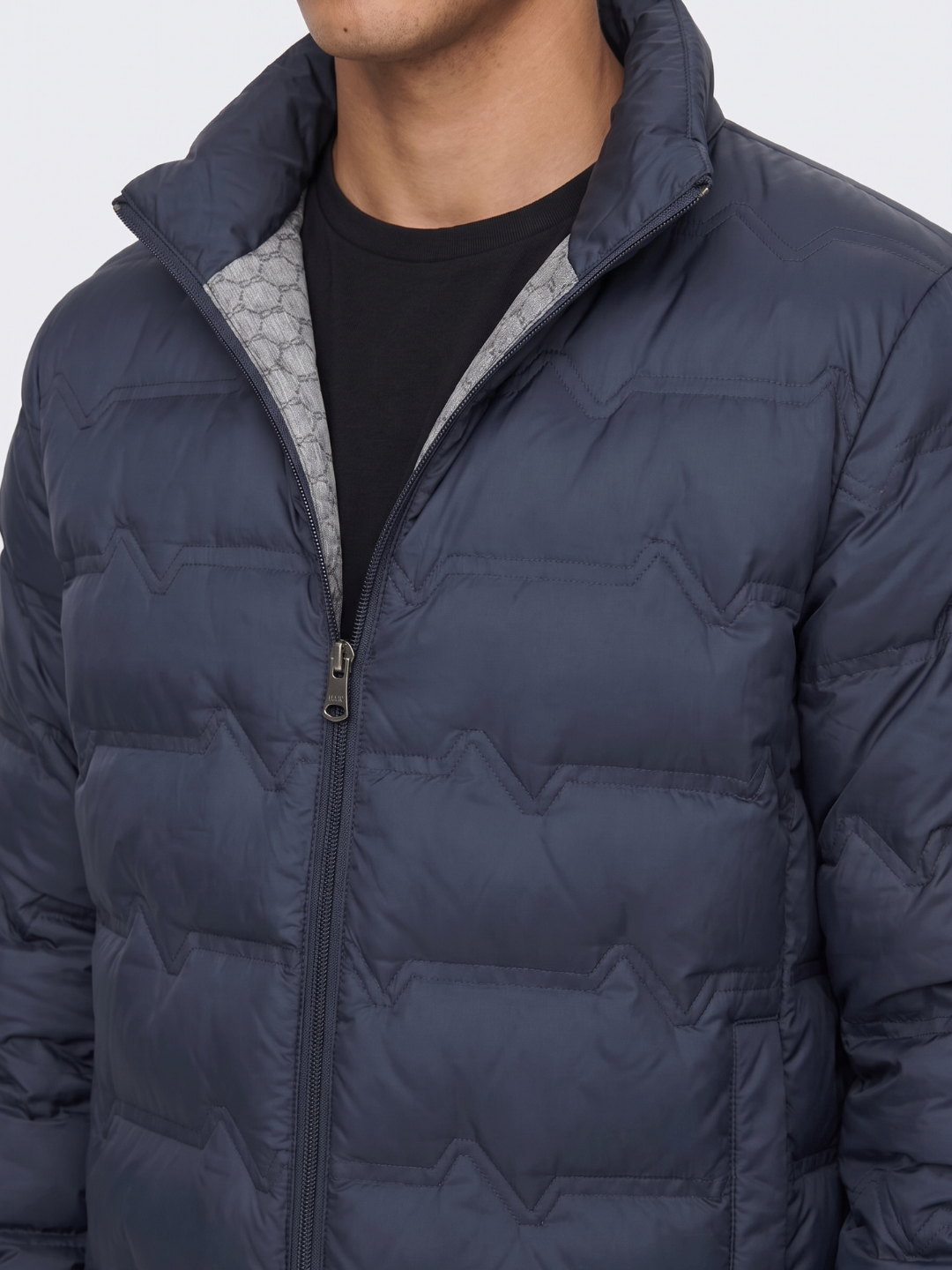 Chevron-Quilted Navy Puffer with Contrast Lining