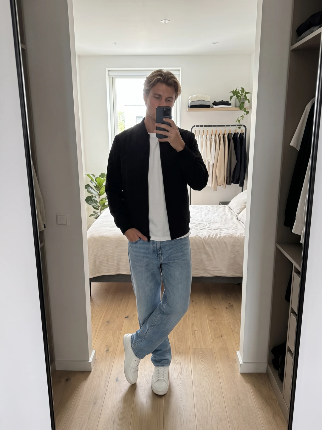 Sleek Ribbed-Trim Black Bomber Jacket