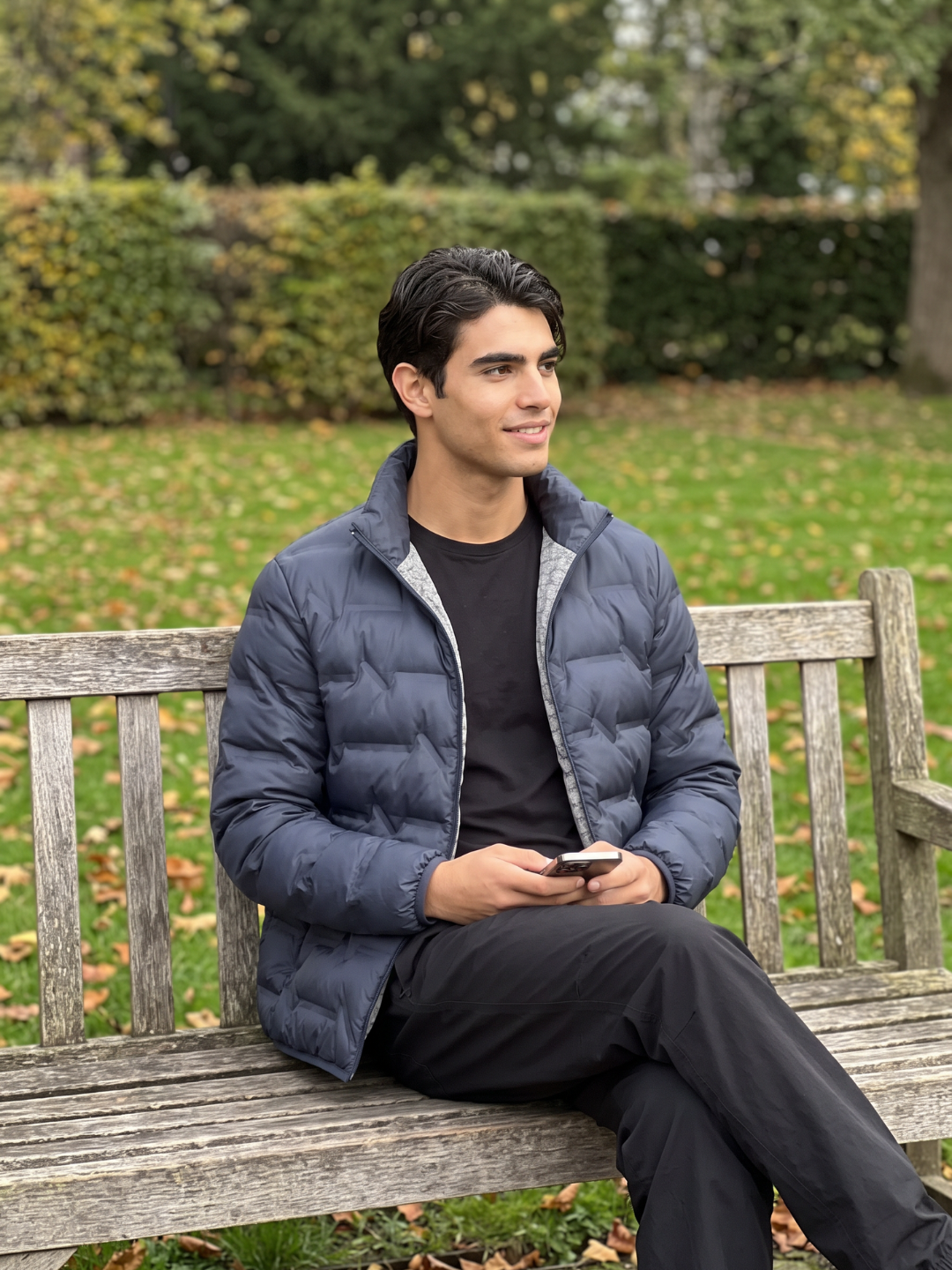 Chevron-Quilted Navy Puffer with Contrast Lining