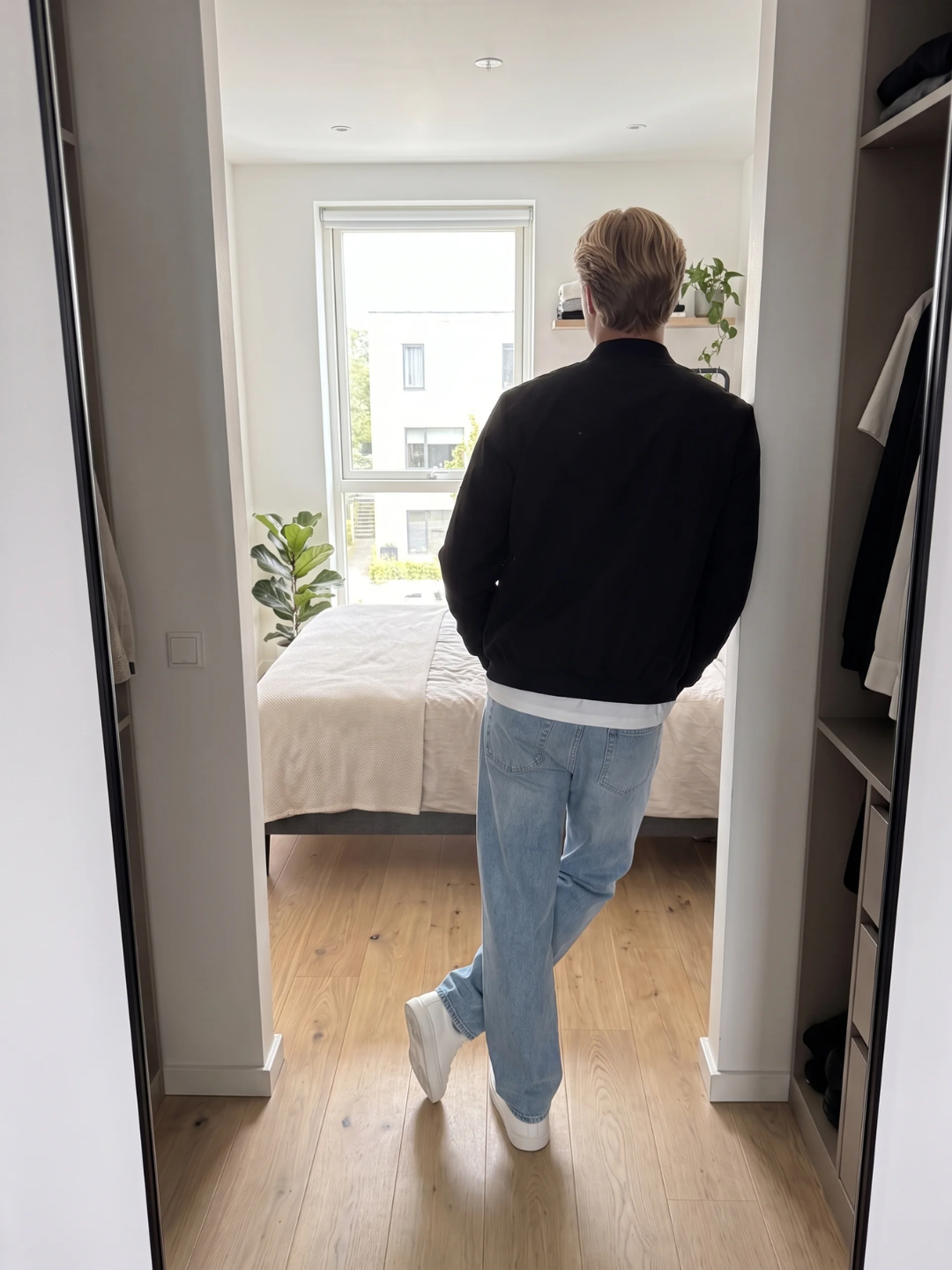Sleek Ribbed-Trim Black Bomber Jacket