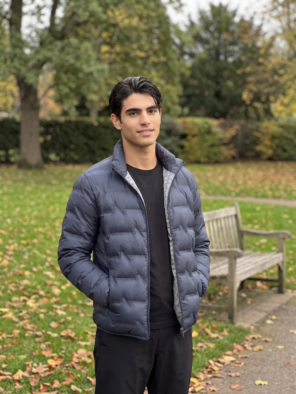 Chevron-Quilted Navy Puffer with Contrast Lining