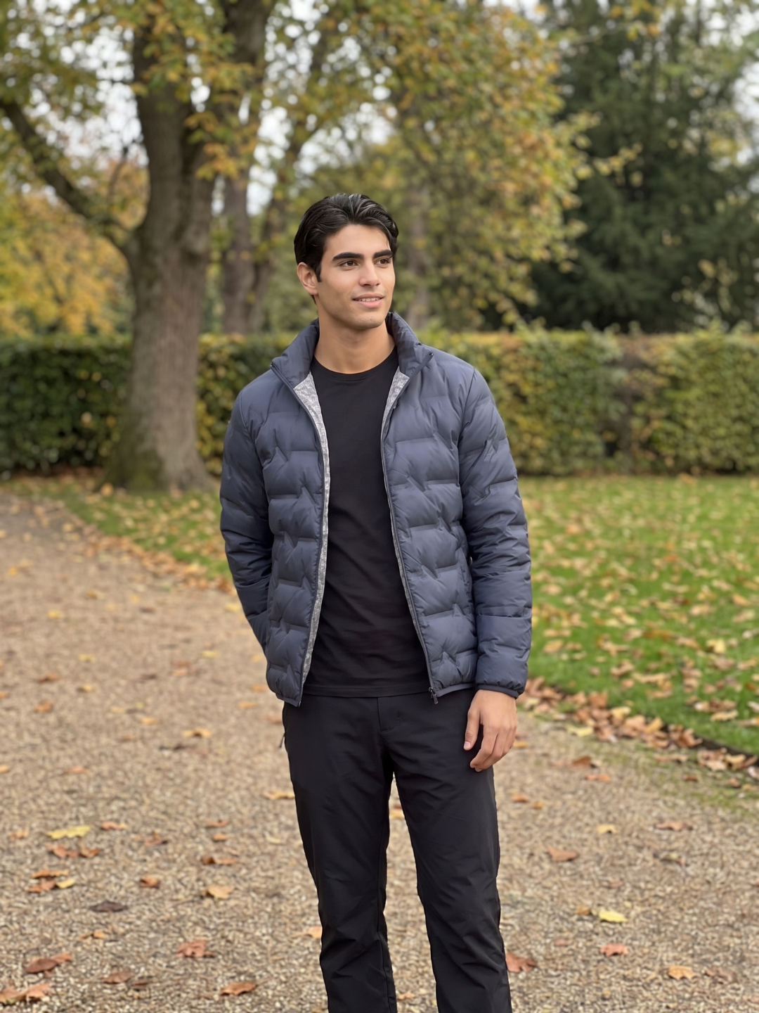 Chevron-Quilted Navy Puffer with Contrast Lining