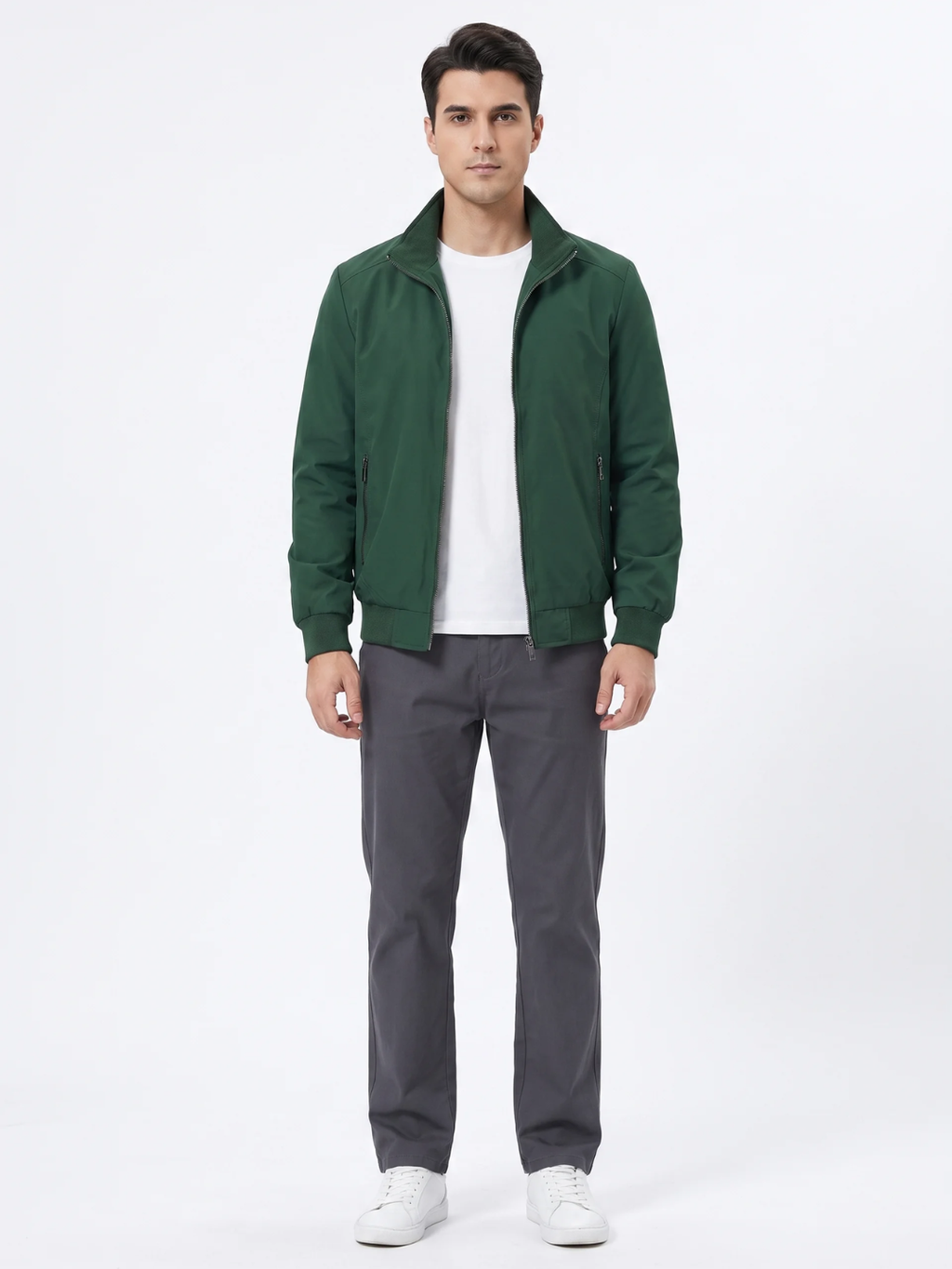 Checked-Lining Stand Collar Green Harrington Jacket