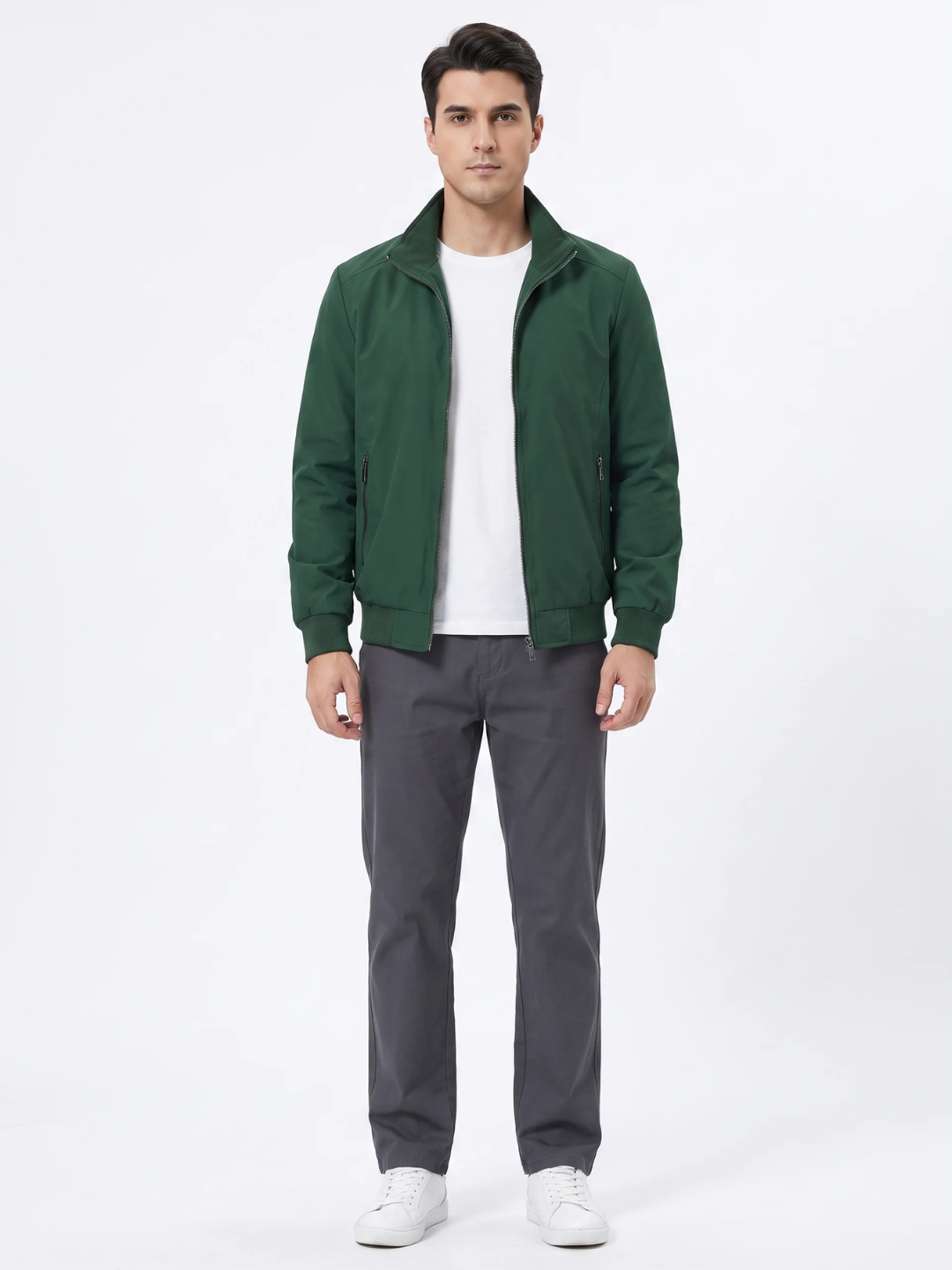 Checked-Lining Stand Collar Green Harrington Jacket