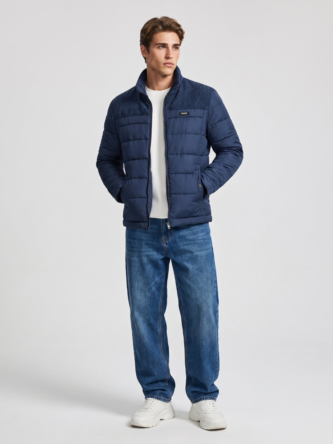 Knit-Panel Quilted Navy Puffer Jacket