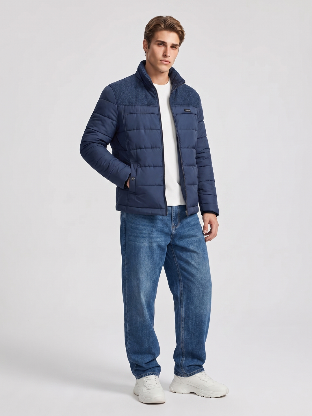 Knit-Panel Quilted Navy Puffer Jacket