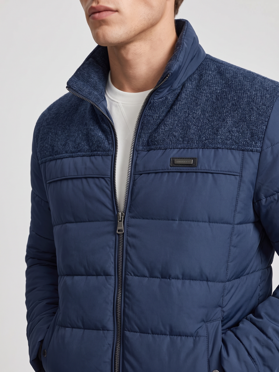 Knit-Panel Quilted Navy Puffer Jacket