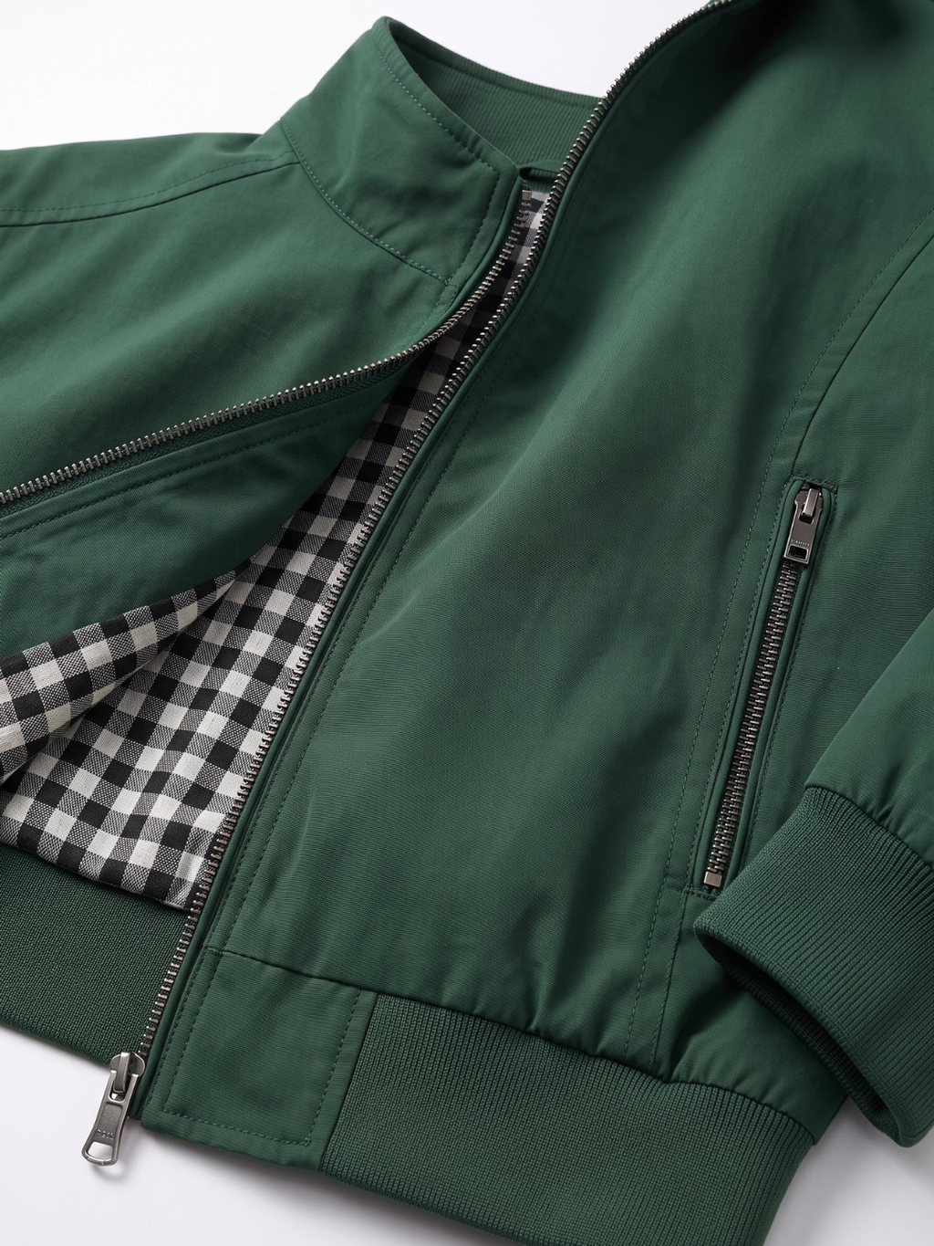 Checked-Lining Stand Collar Green Harrington Jacket