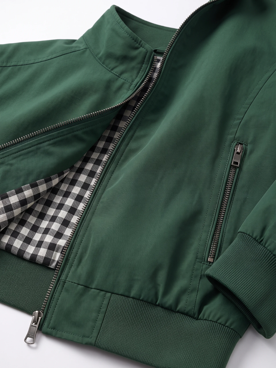 Checked-Lining Stand Collar Green Harrington Jacket