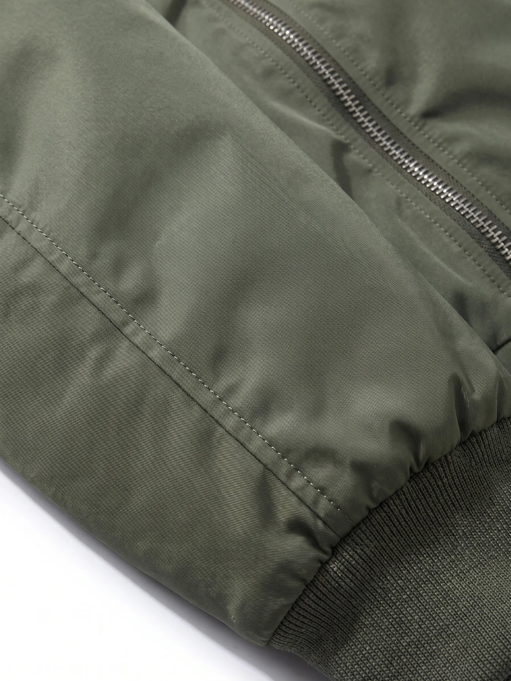 Ribbed Trim Olive Nylon Bomber Jacket