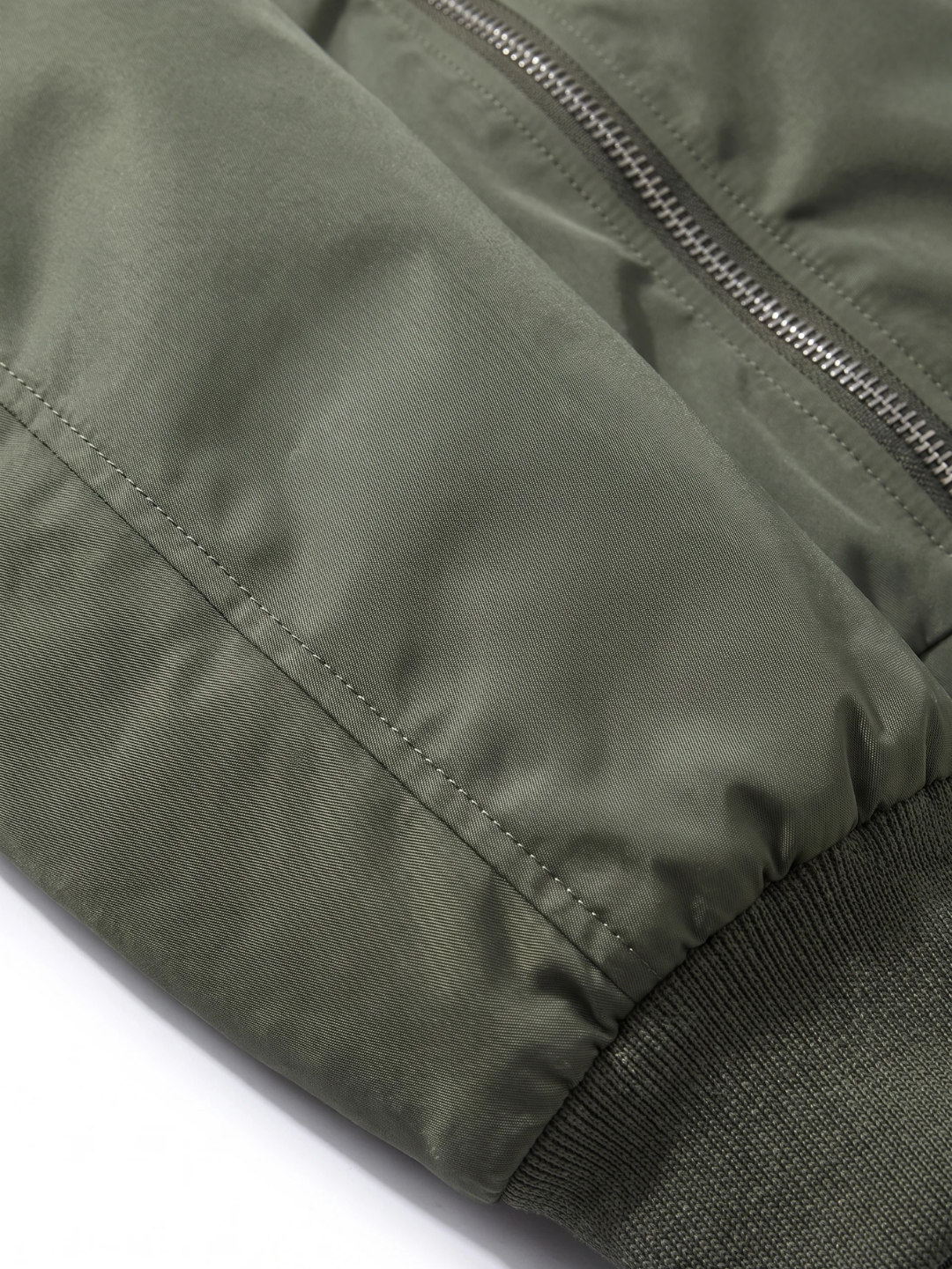 Ribbed Trim Olive Nylon Bomber Jacket