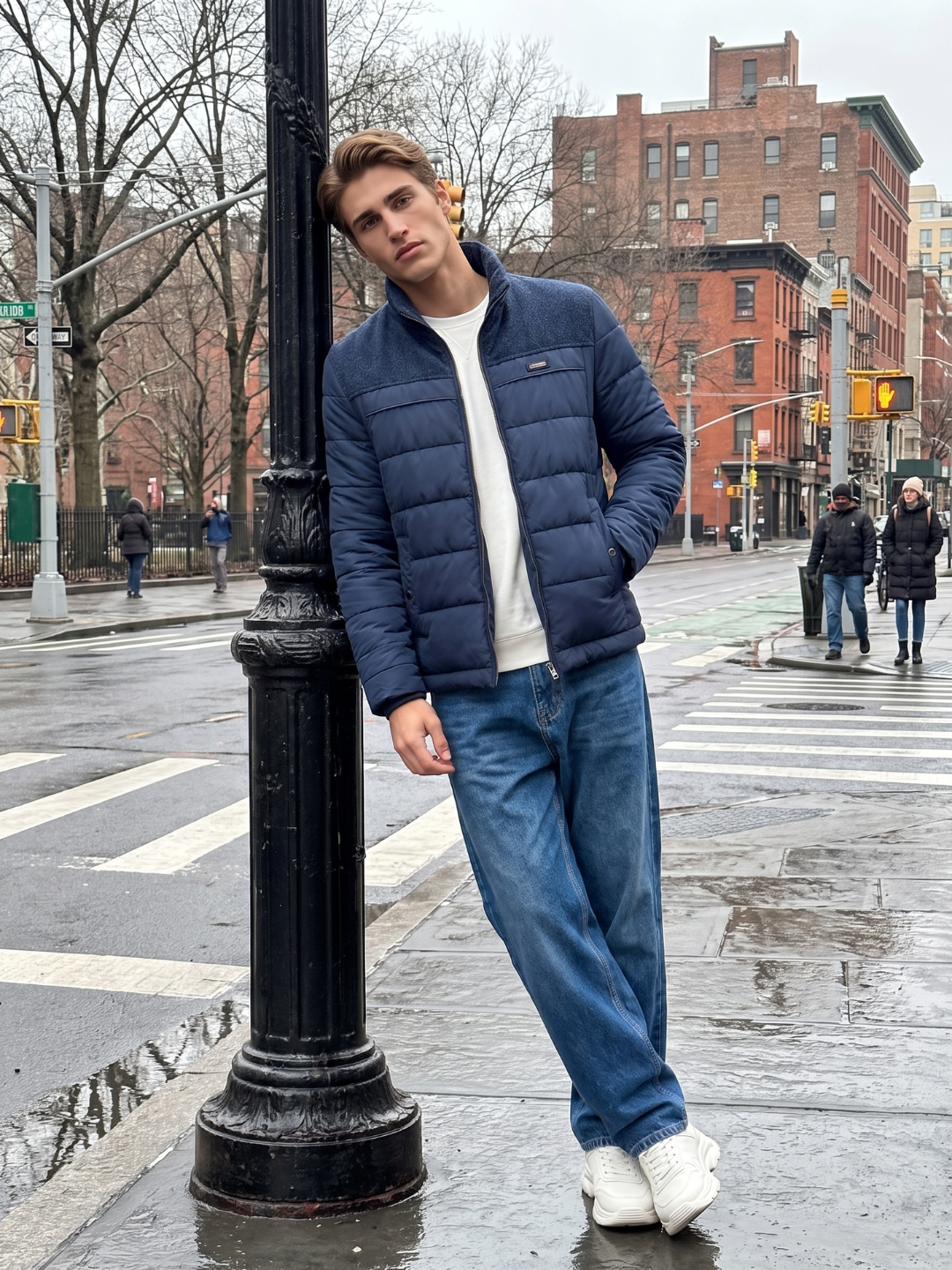 Knit-Panel Quilted Navy Puffer Jacket