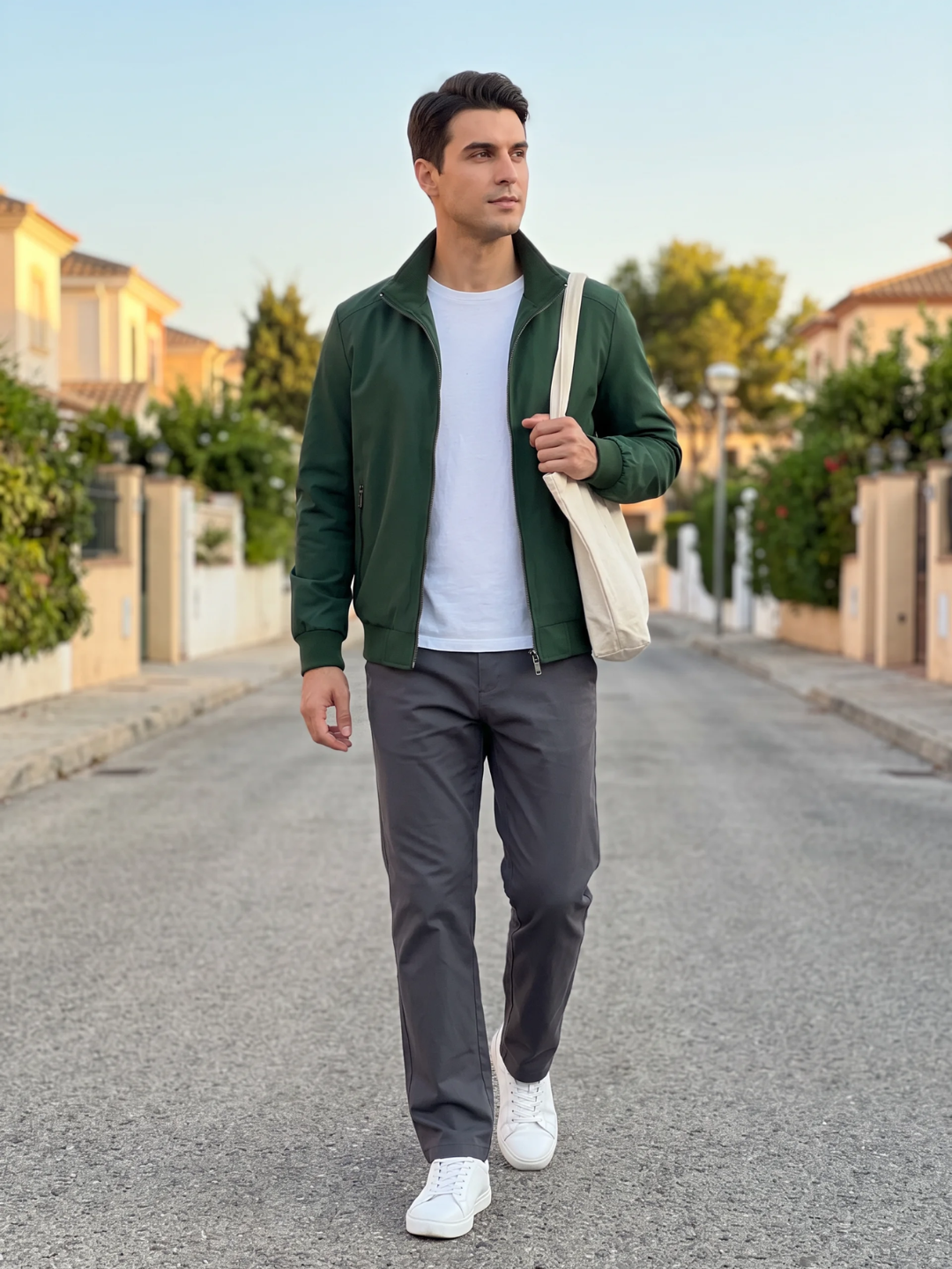 Checked-Lining Stand Collar Green Harrington Jacket