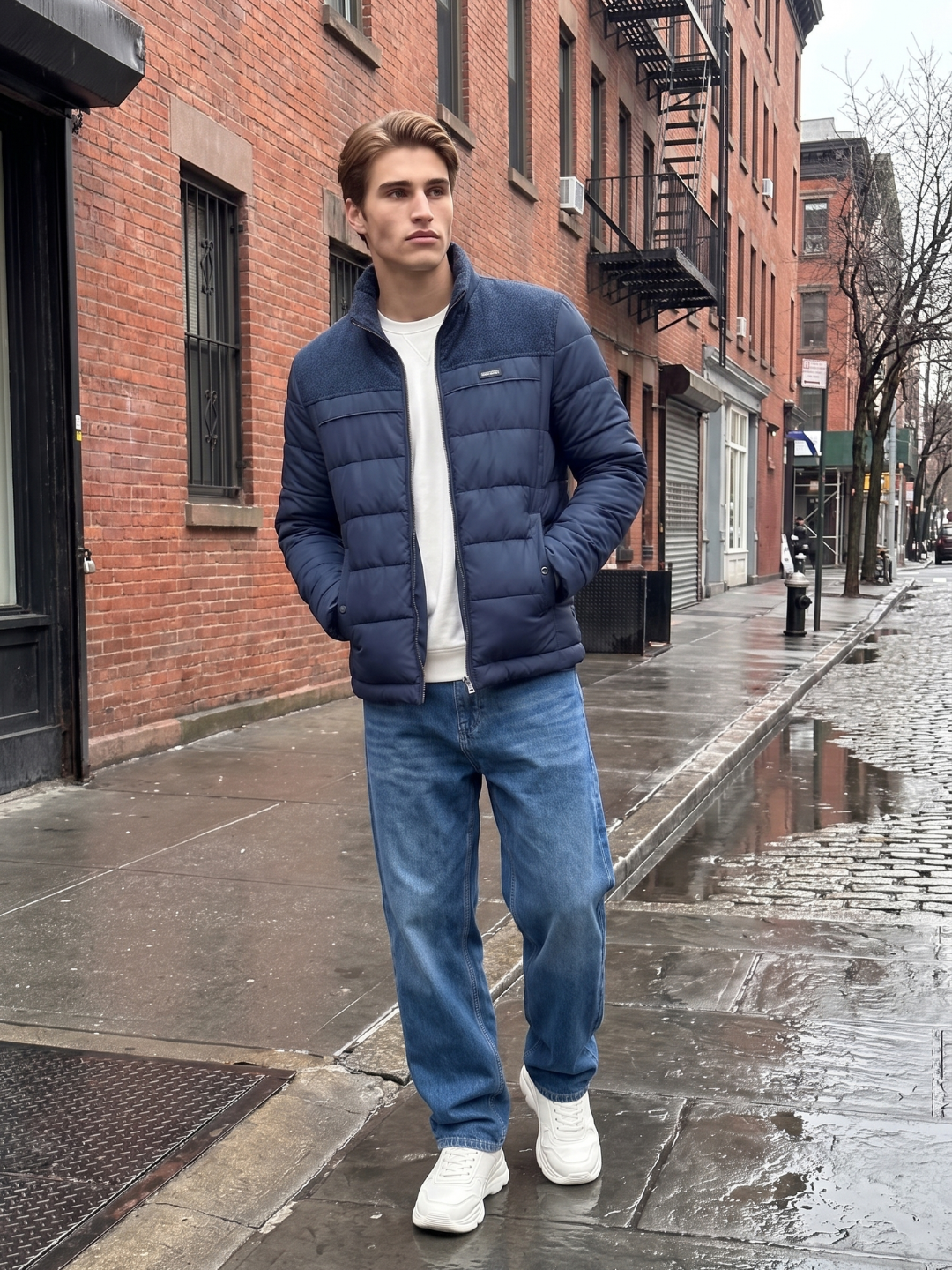 Knit-Panel Quilted Navy Puffer Jacket