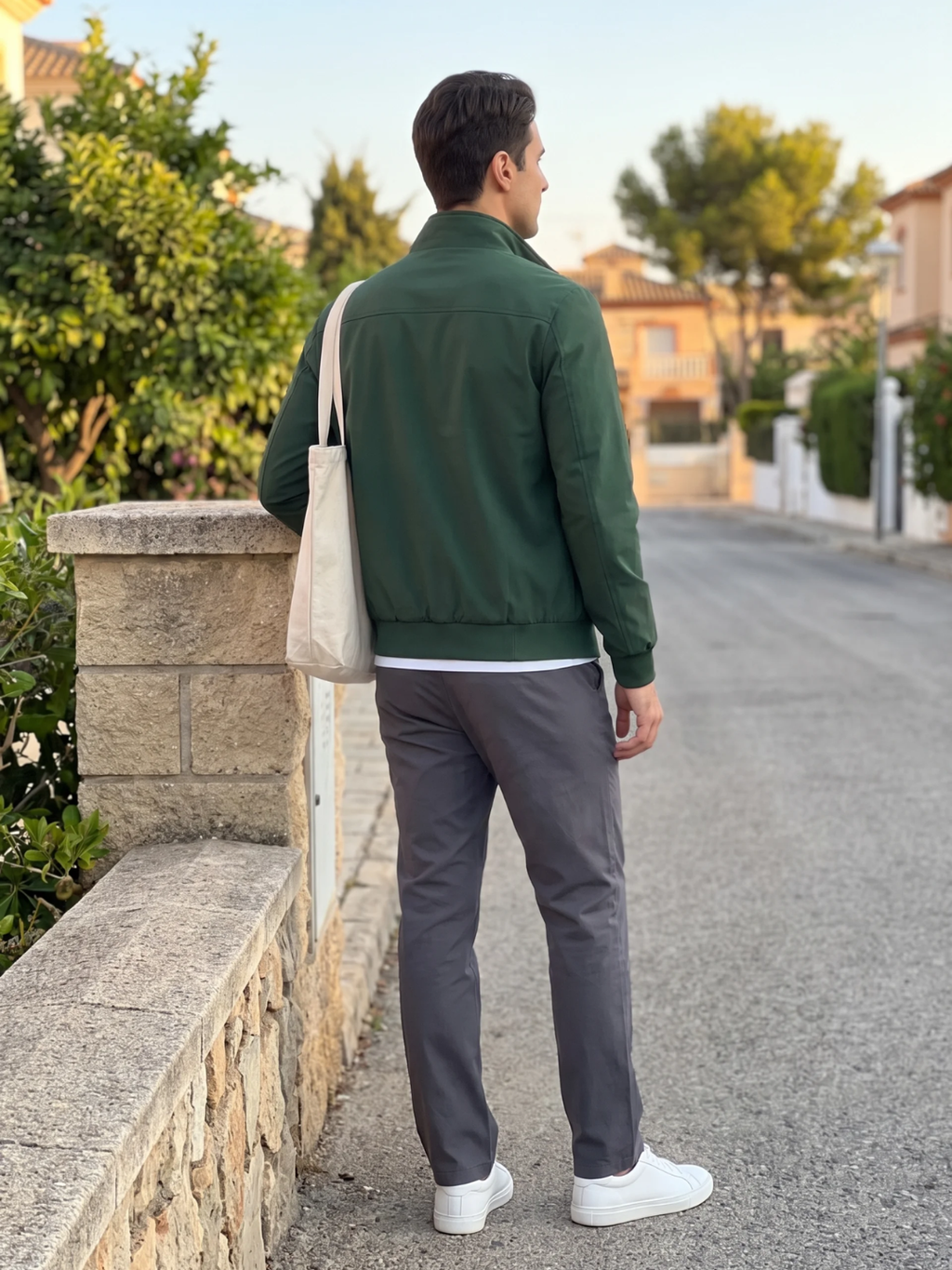 Checked-Lining Stand Collar Green Harrington Jacket