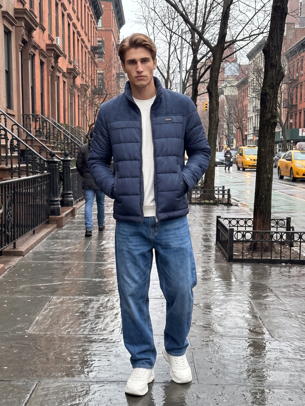 Knit-Panel Quilted Navy Puffer Jacket