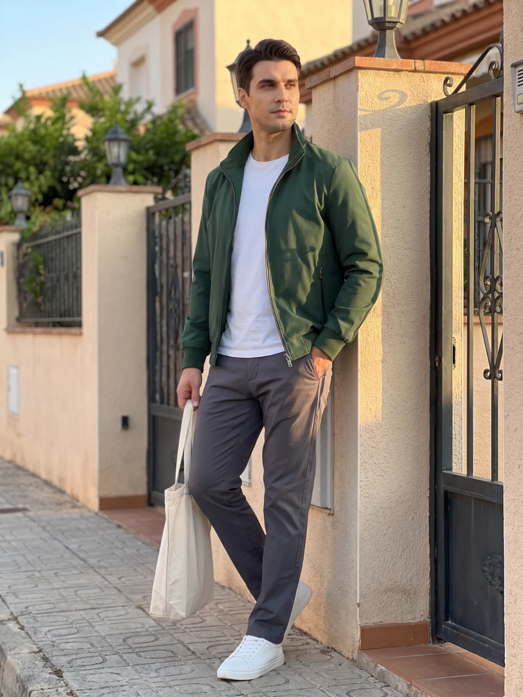 Checked-Lining Stand Collar Green Harrington Jacket