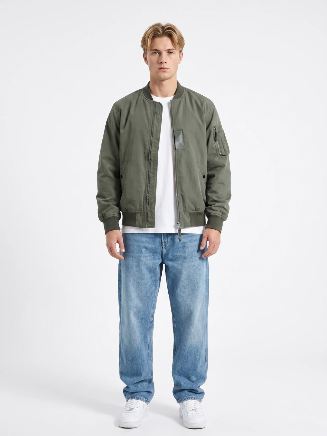 Snap Pocket Olive Green Bomber Jacket