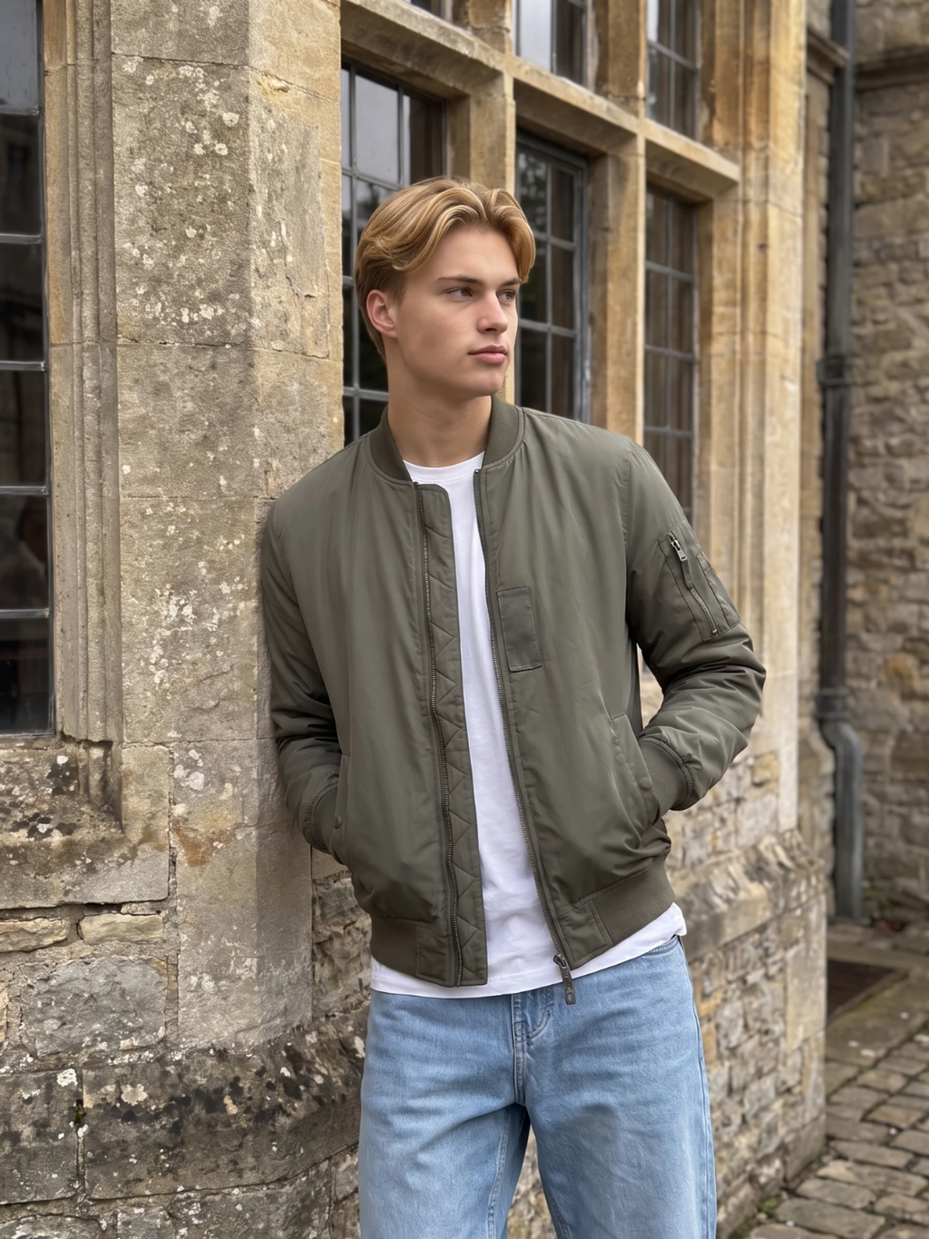 Snap Pocket Olive Green Bomber Jacket