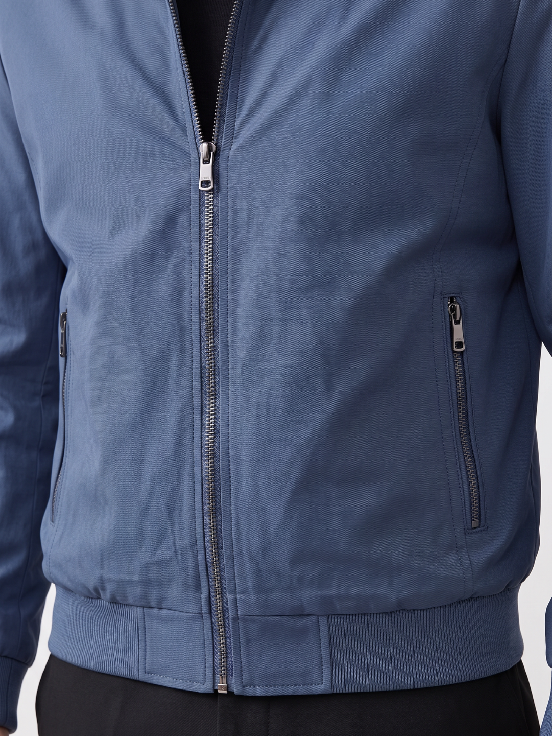 Stand Collar Zip Pocket Slate Blue Leather Jacket