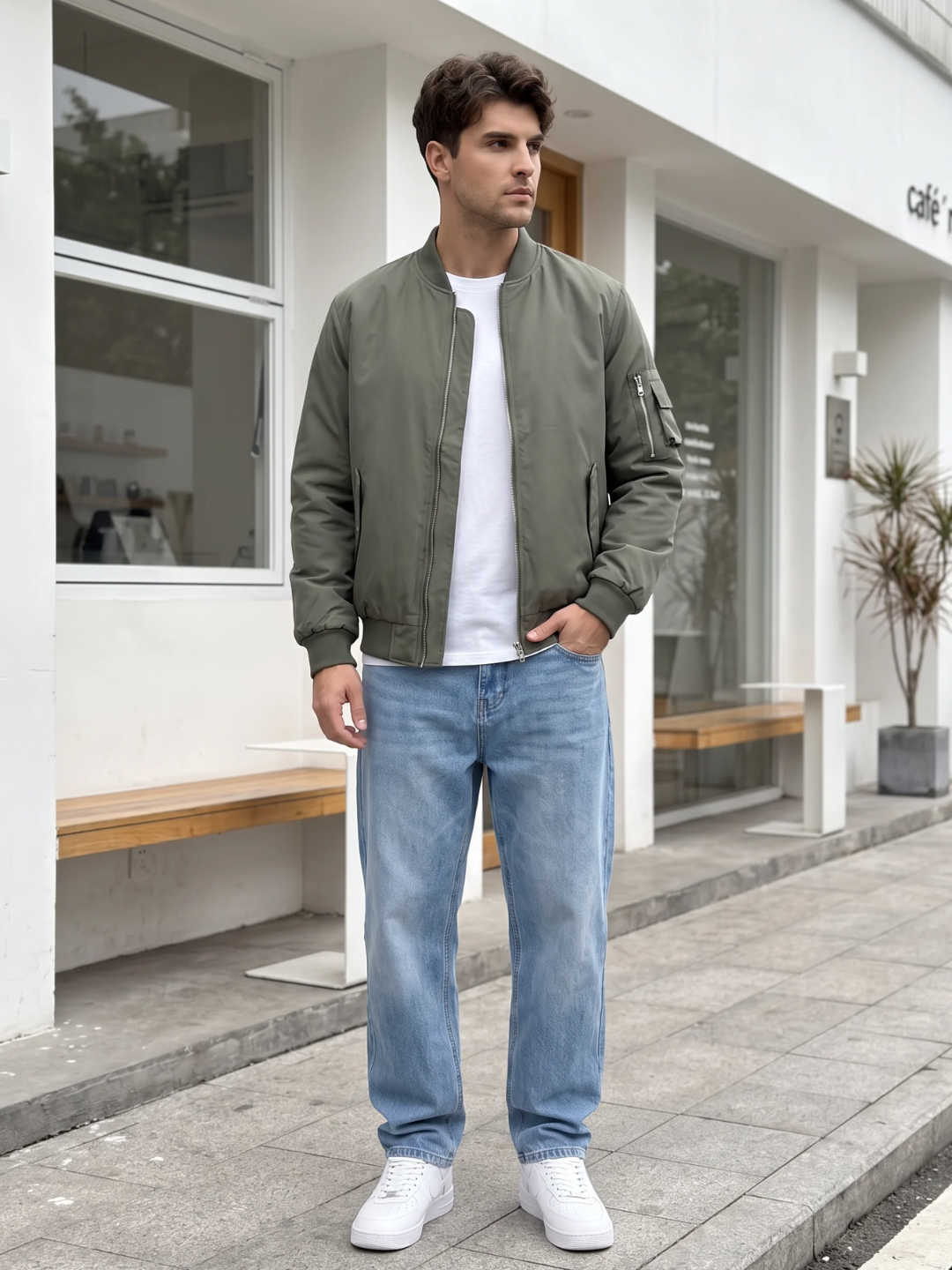 Ribbed Trim Olive Nylon Bomber Jacket
